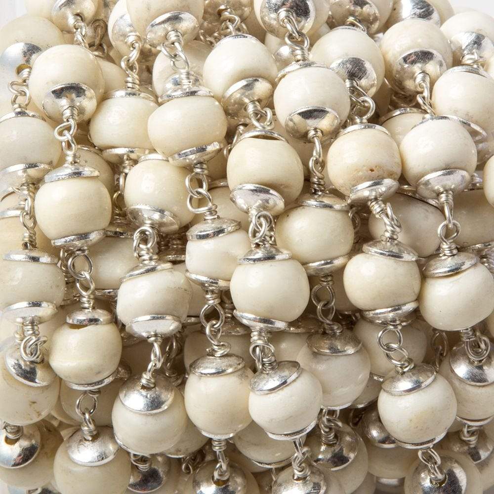 8mm Off White Bone rounds Silver plated Cap and Chain by the foot 19 pieces