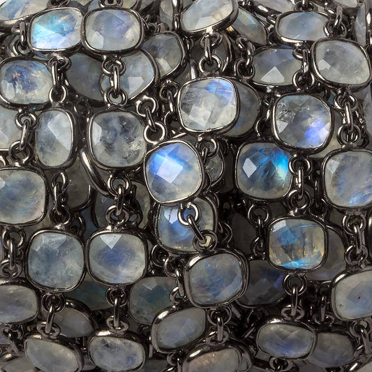 8mm Rainbow Moonstone Pillow Oxidized Silver .925 Bezeled Chain by the foot 20 pcs