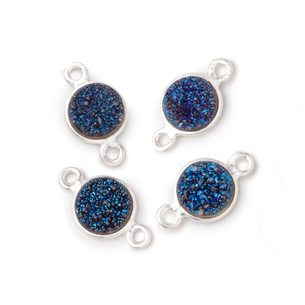 8mm Silver .925 Bezel Mystic Aegean Blue Drusy Coin Connector Set of 4 Pieces