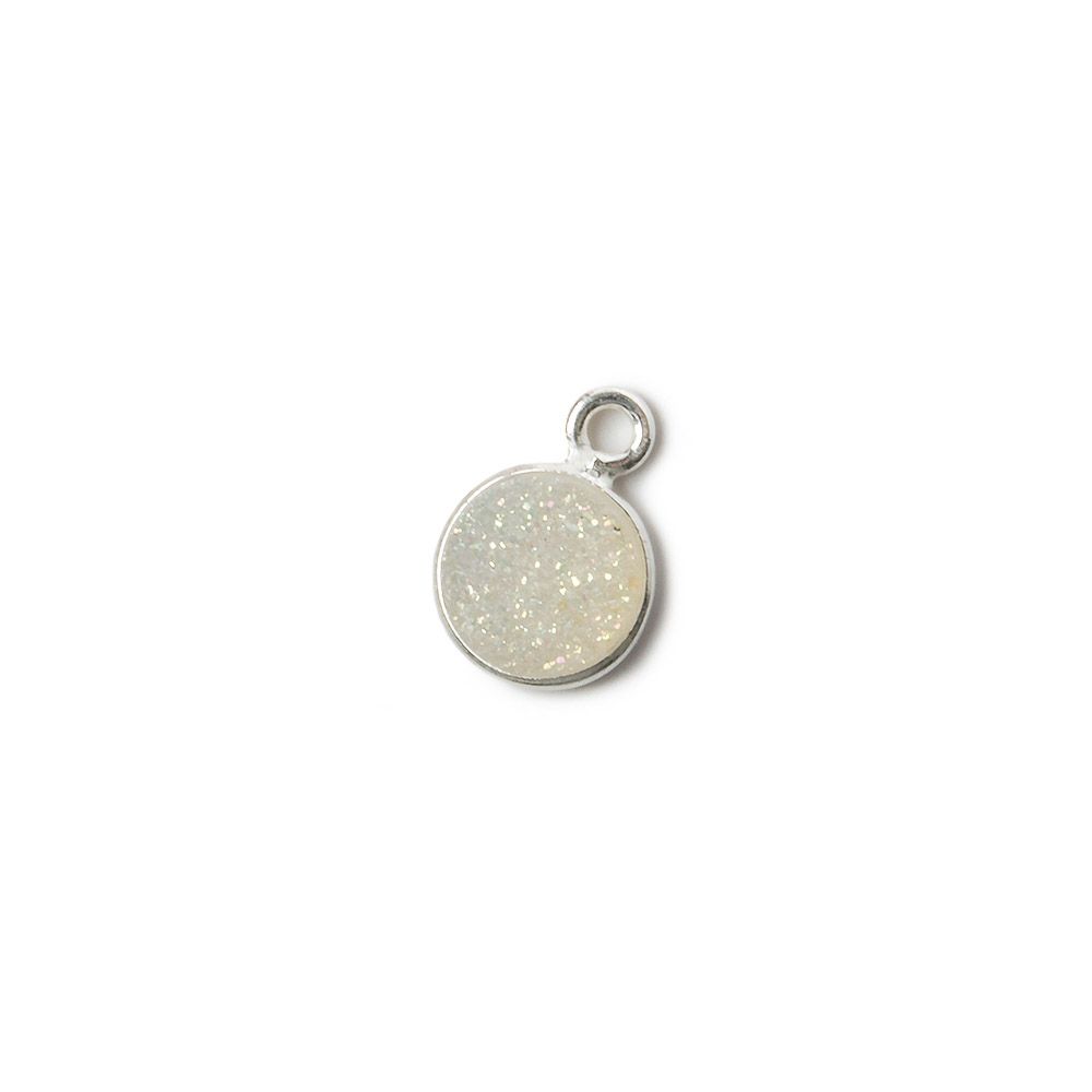 8mm Silver .925 Bezel Mystic Pearl White Drusy Coin Pendant 1 piece