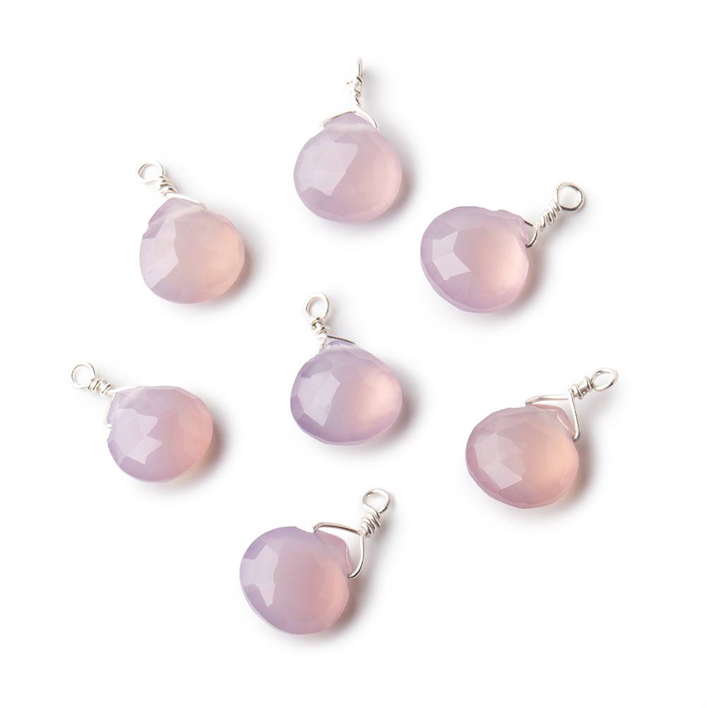 8mm Silver Wire Wrapped Lilac Pink Chalcedony Faceted Heart 1 Focal Pendant