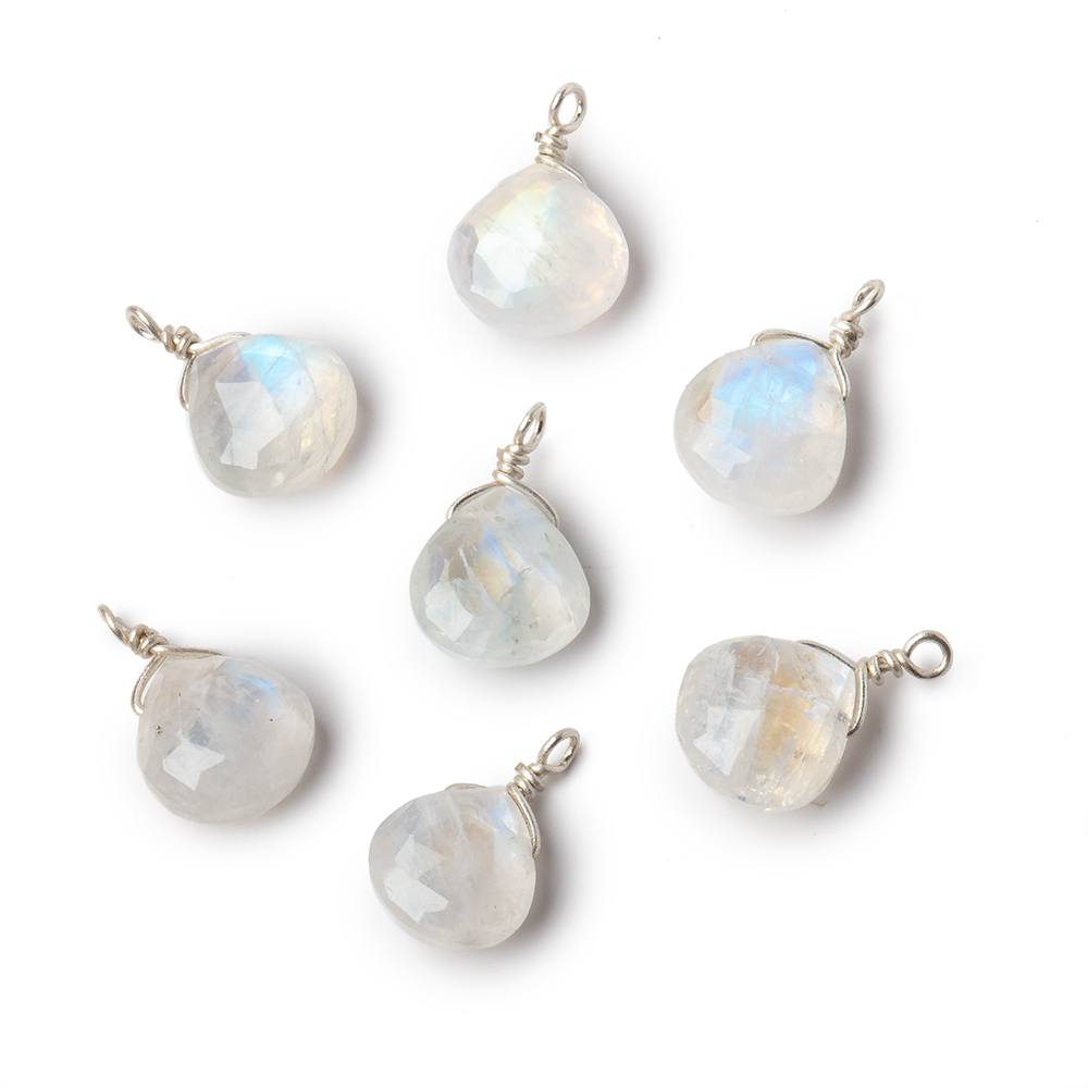 8mm Silver Wire Wrapped Rainbow Moonstone Faceted Heart 1 Focal Pendant