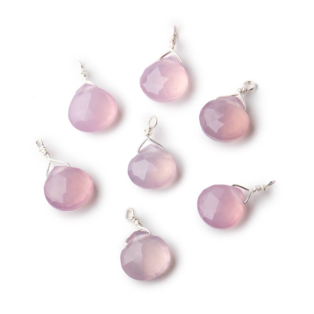 8mm Silver Wire Wrapped Rose Pink Chalcedony Faceted Heart 1 Focal Pendant