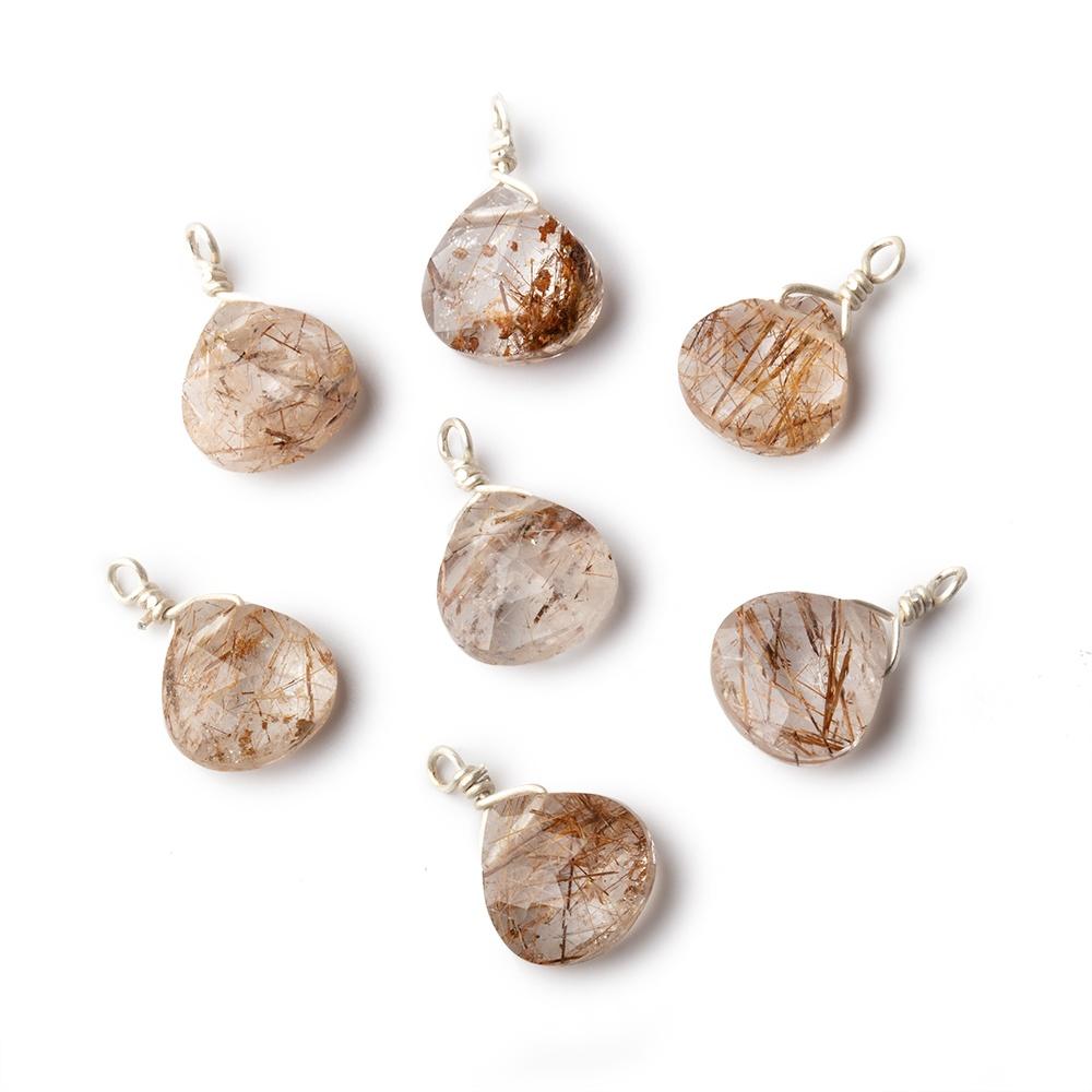 8mm Silver Wire Wrapped Rutilated Quartz Faceted Heart 1 Focal Pendant