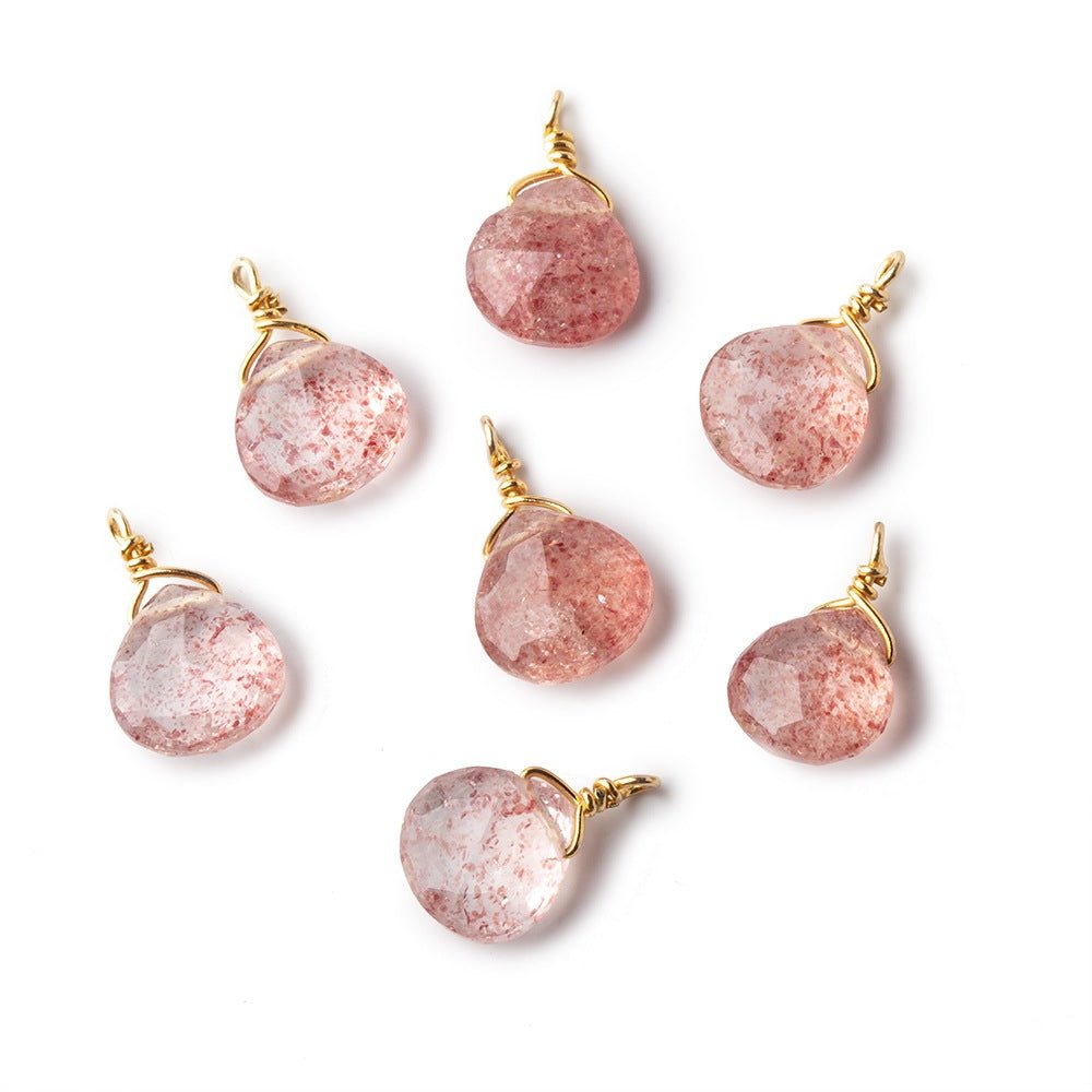 8mm Vermeil Wire Wrapped Strawberry Quartz Faceted Heart 1 Focal Pendant