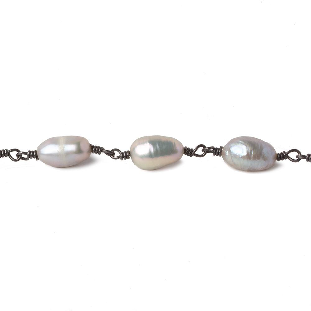 8x6-9x6mm Peacock Silver Baroque Pearl Black Gold plated Chain by the foot 18 pearls