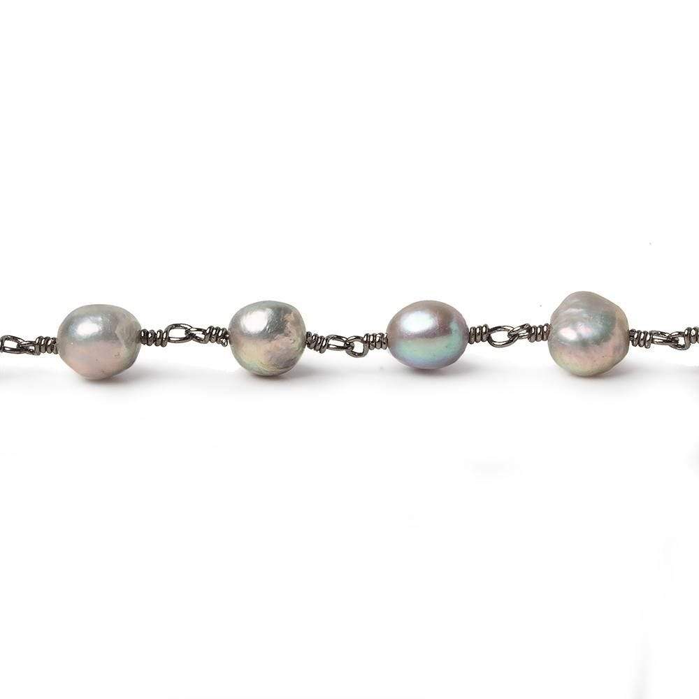 8x7mm Rose' Silver Baroque Pearl Black Gold plated Chain by the foot 26 pieces