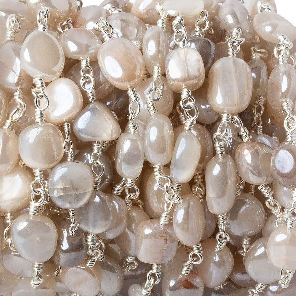8x8-10x8mm Mystic Of White Moonstone plain nugget Silver plated Chain by the foot