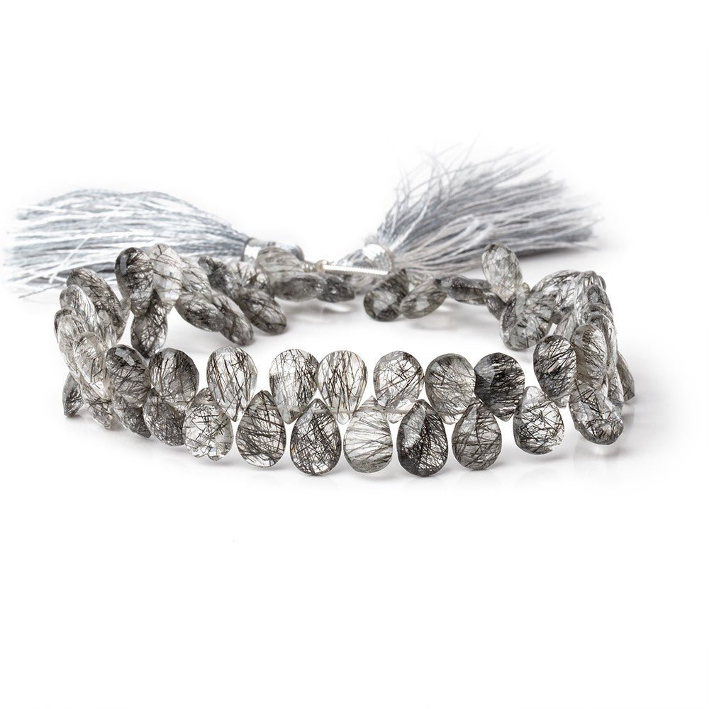 9-10mm Black Tourmalinated Quartz Faceted Pear Beads 8 inch 60 pieces