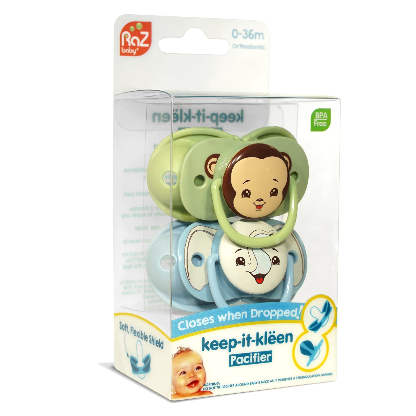 Keep-It-Kleen Pacifier 0-36M (2-Pack), Closes Automatically When Dropped | Elephant/Monkey