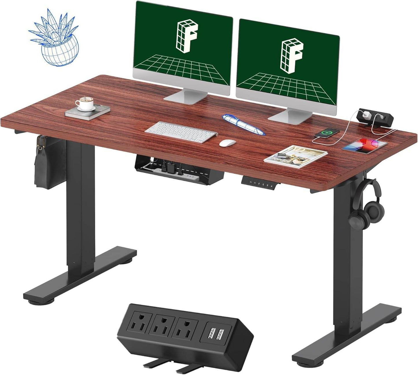 EN2 Height Adjustable Electric Standing Desk - 48"x30" with Clamp Power Strip & Cable Management (Gray Frame + Mahogany Top)