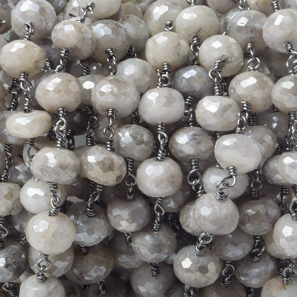 9mm Mystic Platinum Grey Moonstone faceted rondelle Black Gold Chain by the foot 24 pcs