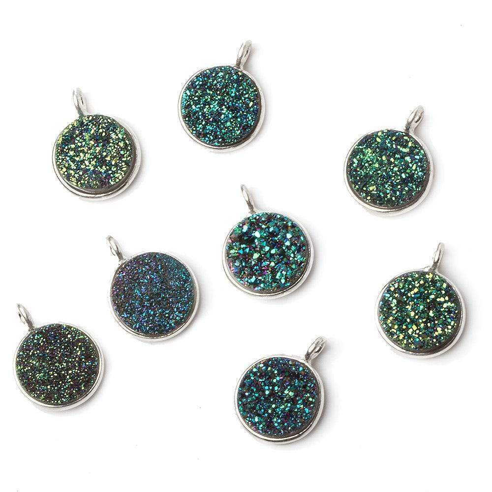 9mm Silver .925 Bezel Mermaid Green Drusy Coin Pendant 1 piece with side facing ring