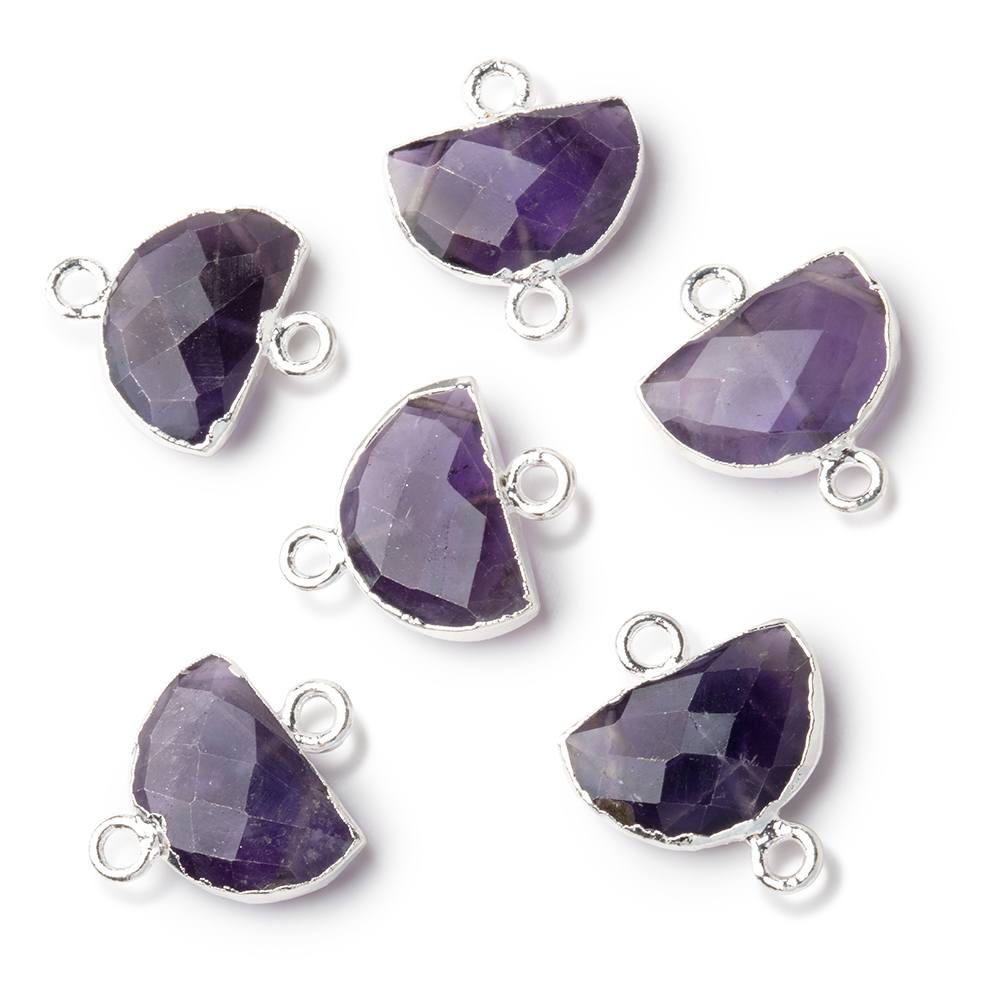 9x14mm Silver Leafed Amethyst Faceted Half Moon Focal Connector 1 piece