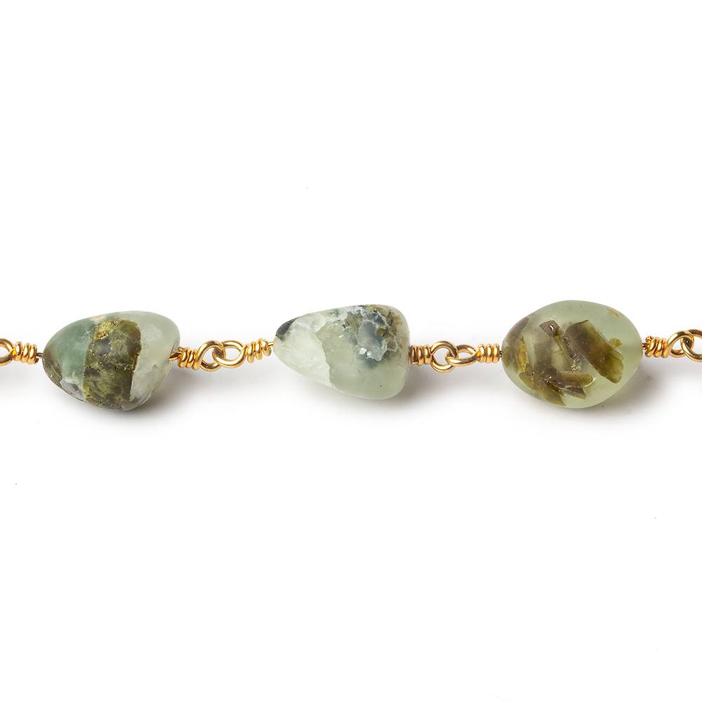 9x6-12x9mm Matte Dendritic Prehnite plain nugget Gold plated Chain by the foot