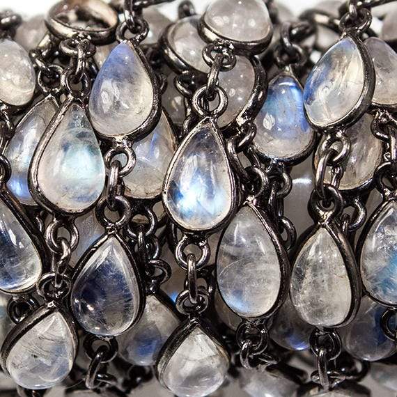 9x6mm Rainbow Moonstone Black Gold Bezel Chain by the foot