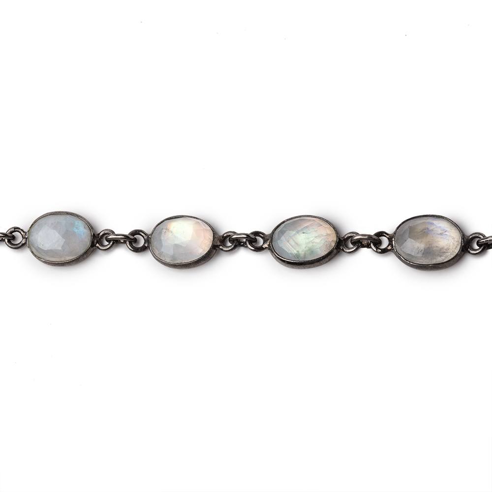 9x7mm Rainbow Moonstone Faceted Oval Cabochon Black Gold .925 Bezeled Chain