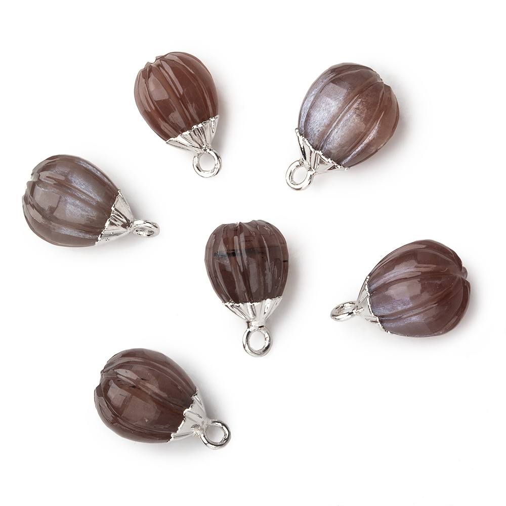 9x8mm Silver Leafed Chocolate Brown Moonstone Carved Melon focal bead Pendant sold as 1 piece