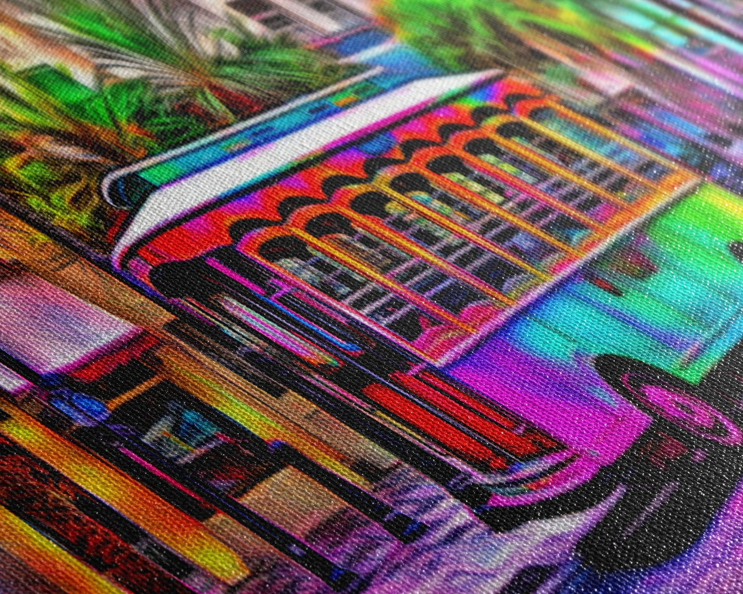 Colorful Vibrant Tram Wall Art, Palm Trees Art Print, Colored Pencil Sketch, Framed Canvas, Abstract Art, Panoramic, Wall Art, Canvas Print