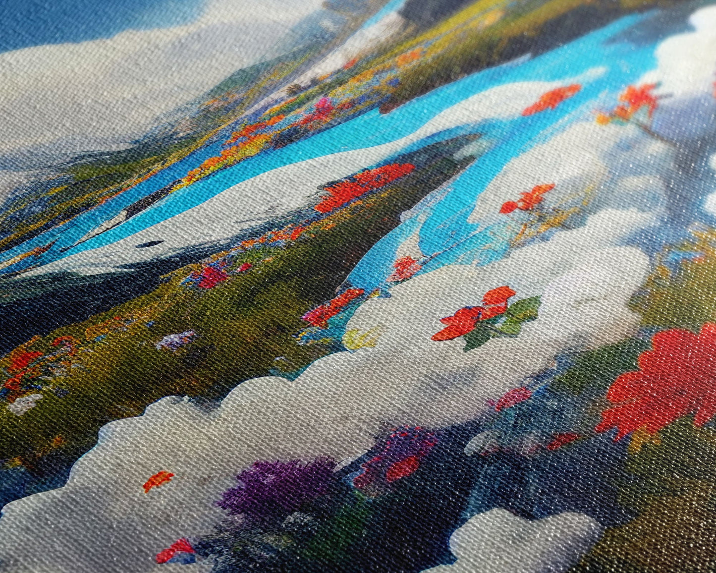 Colorful fields of flowers in the Swiss alps, framed canvas art, canvas print, beautiful wall decor