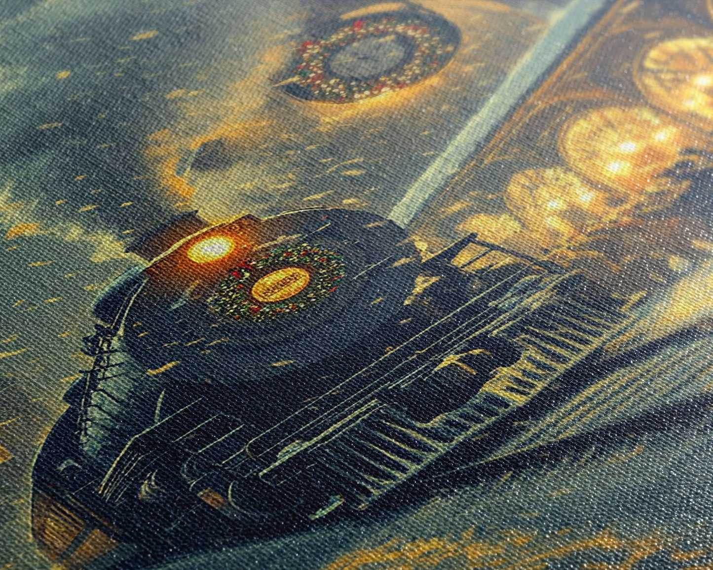 Nostalgic Christmas Train Station Scene in Snowy Winter Night, Ideal for Holiday Decor, Framed Canvas Print