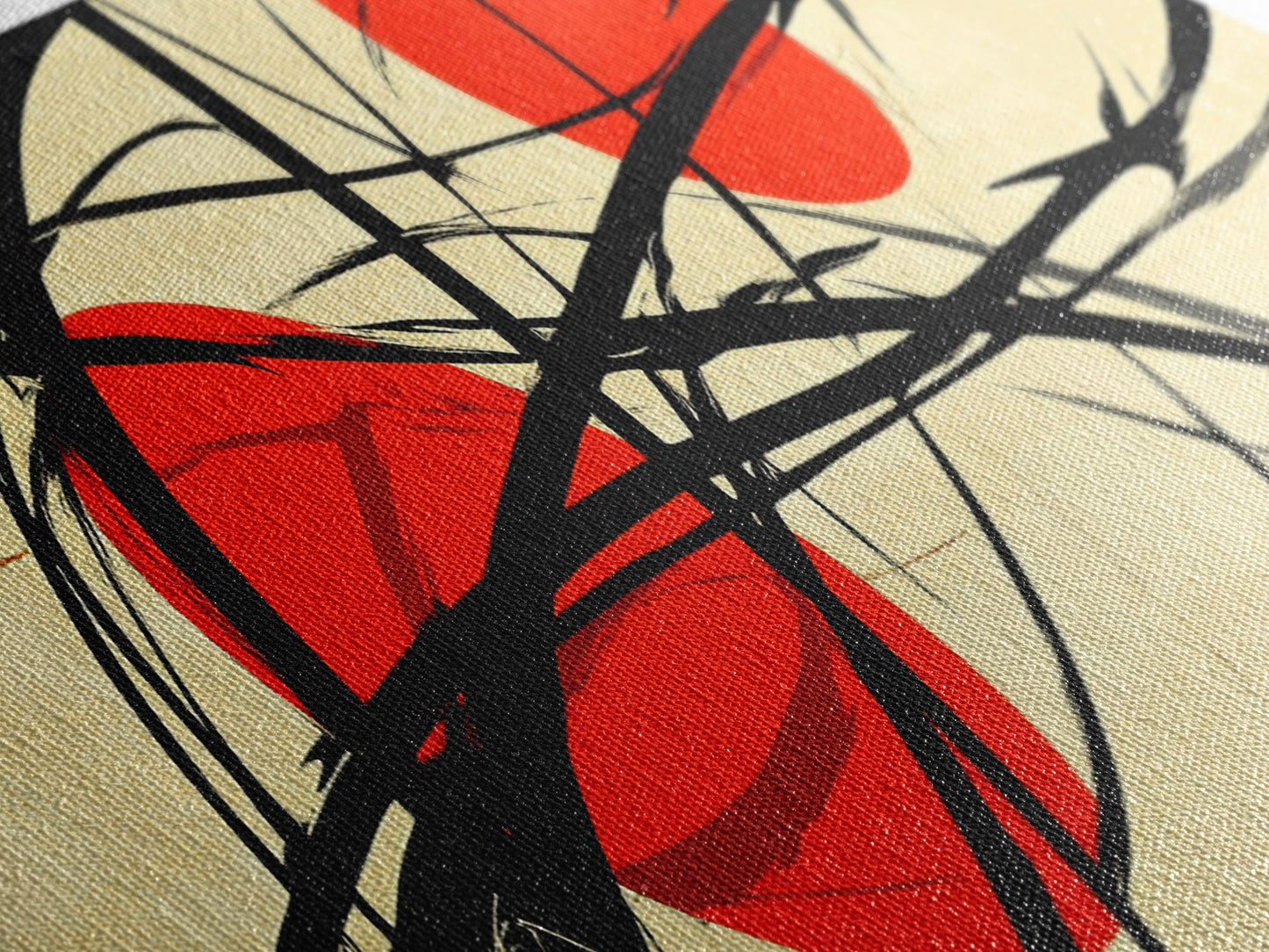 Sun Streaks - 3 Red Suns with Black Streams, Framed Canvas Print, MCM Style Geometric Abstract Wall Art