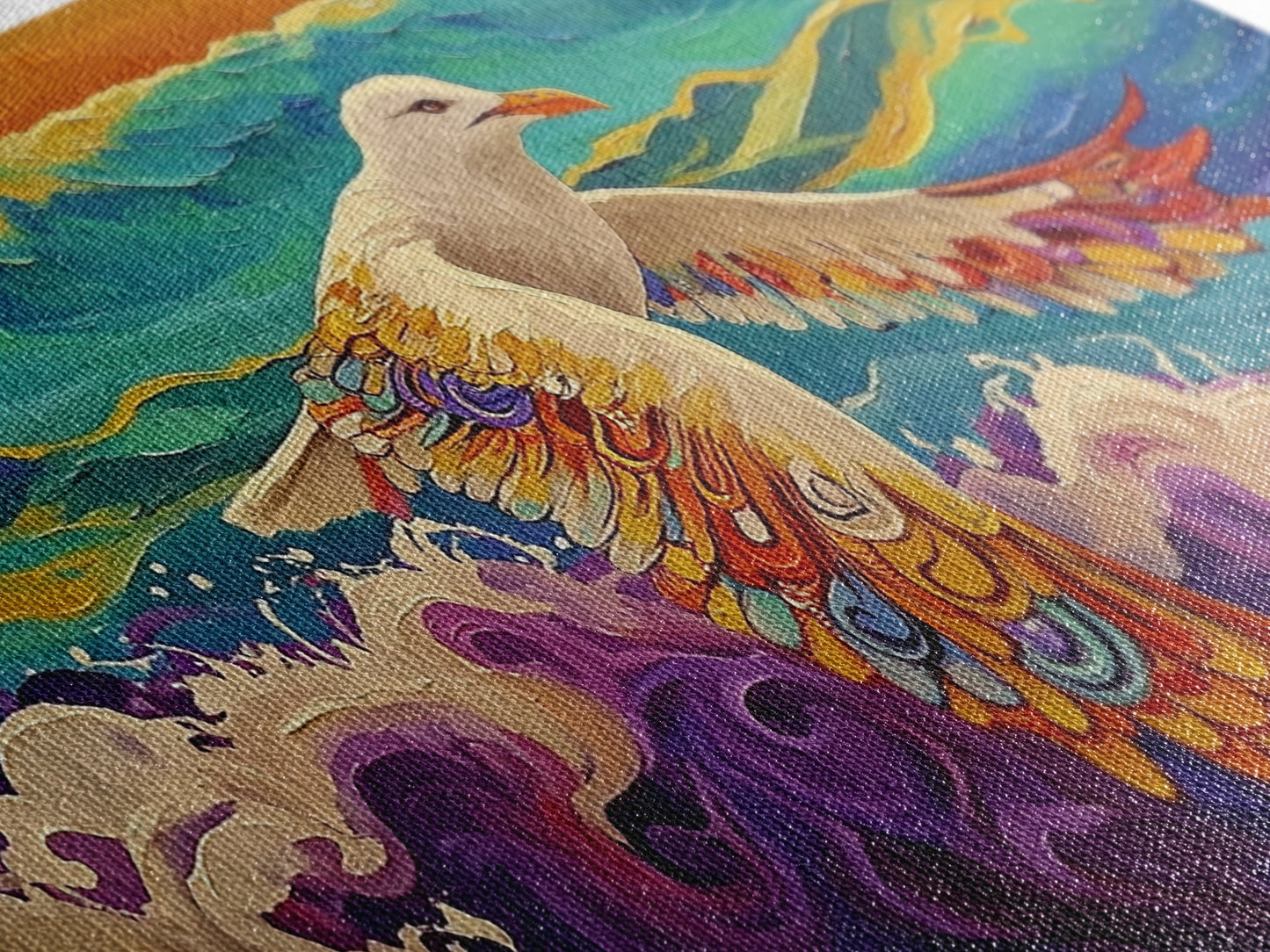 Seagull Ocean, Wings, Framed Canvas Print, Whimsical Bird Wall Art, Nautical Coastal Decor, Colorful Beach Painting, Boho Wall Art