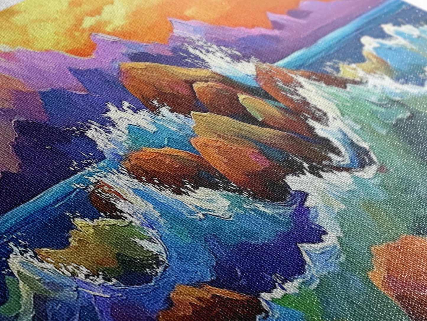 Coastal Rocks Waves, Sunset Ocean Painting, Colorful Seaside View, Framed Canvas Print, Nautical Wall Art, Living Room Decor