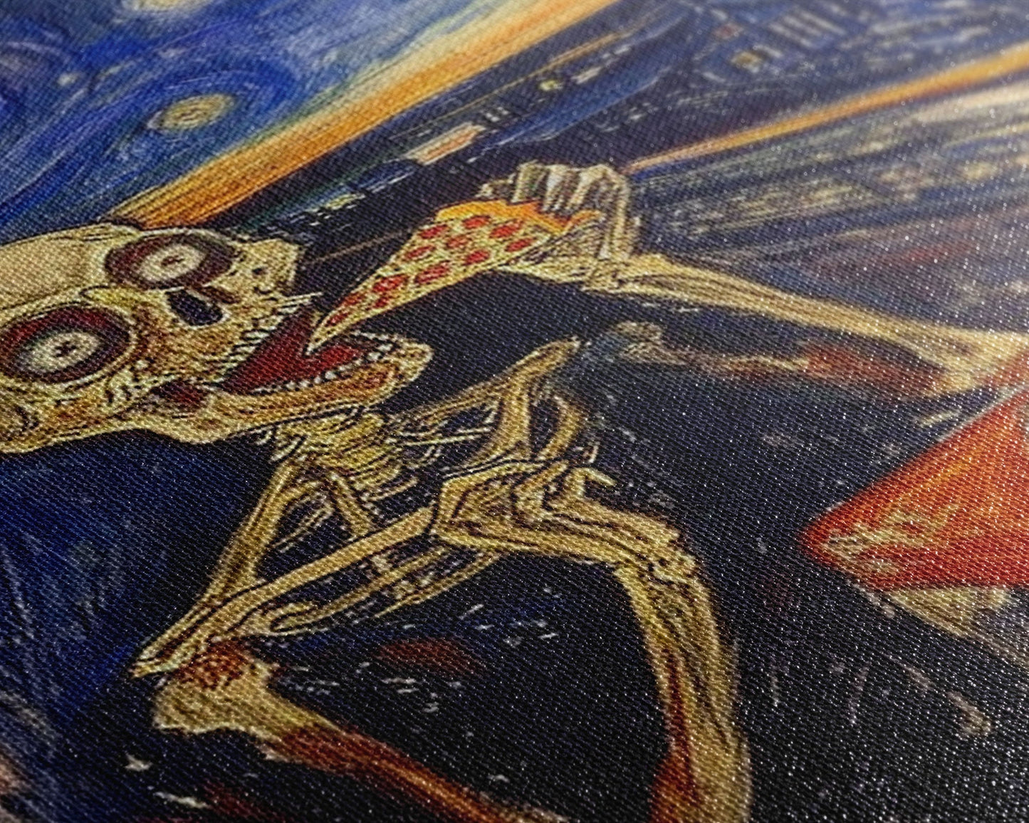 Spooky Skeleton Dude Eatin' a Pizza, Starry Night Inspired Funny Halloween Art, Framed Canvas Print