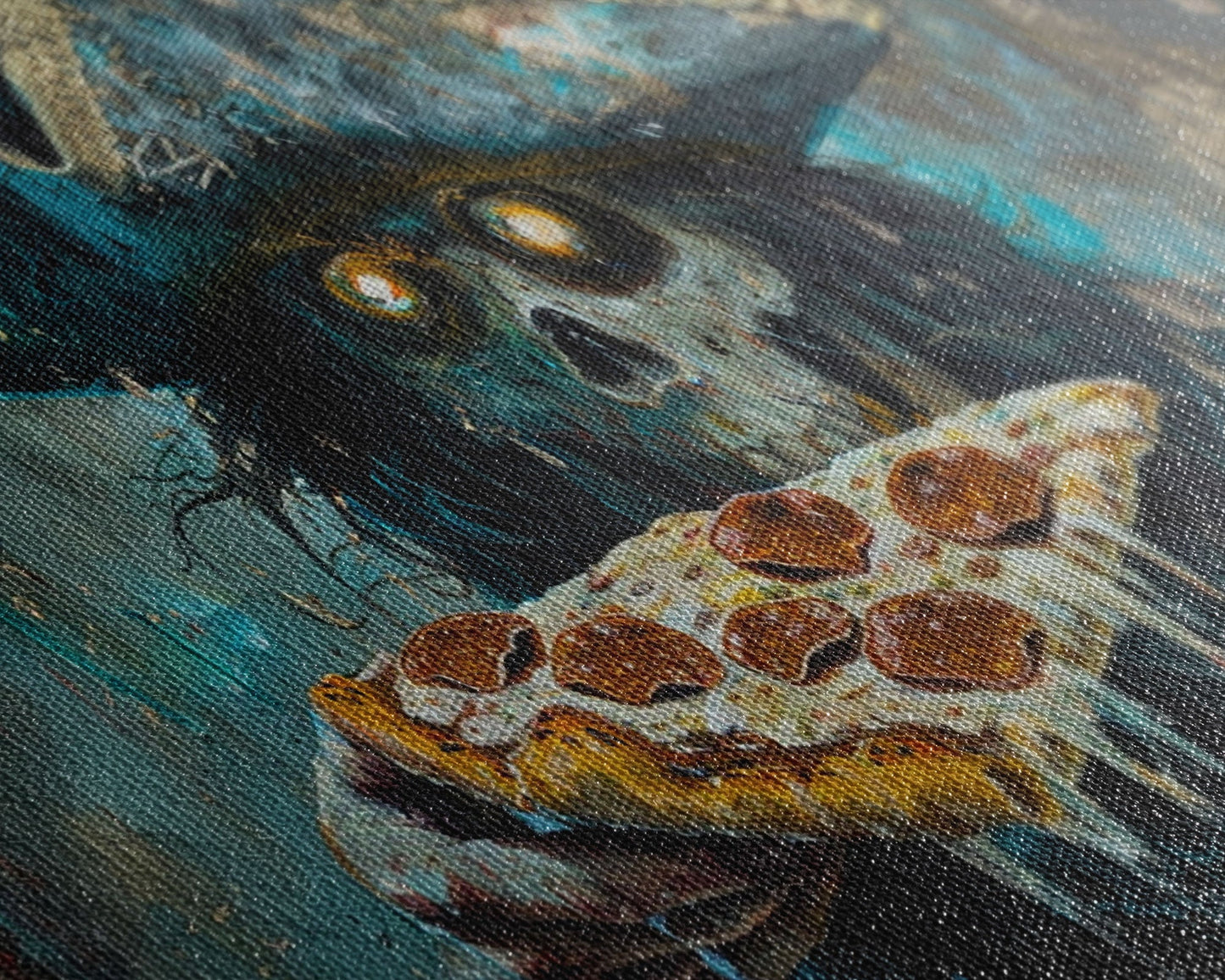 Spooky Pizza Pirate, Framed Canvas Print, Ghostly Pirate Havin a Slice of Pizza, kinda funny idk