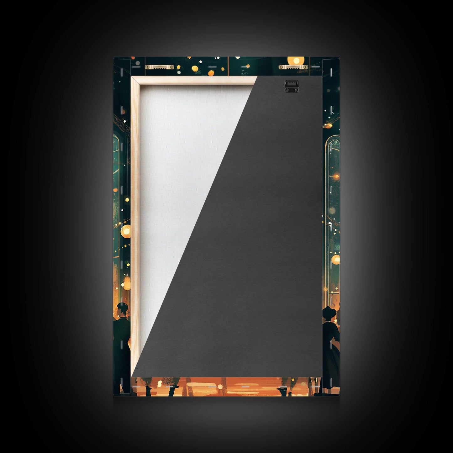 Elegant Ballroom Christmas Dance Scene with Holiday Lights and Decorations, Perfect Holiday Decor for Winter Wonderland, Framed Canvas Print