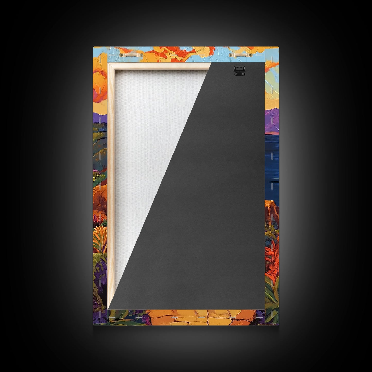 Coastal Village, Pathway, Sunset, Framed Canvas Print, Mediterranean coastal art, colorful landscape painting, boho living room wall decor