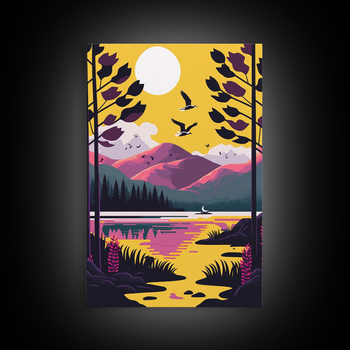 Colorful Pop Art Picture of a Mountain and Forest Landscape, Framed Canvas Print, Surrealist High Contrast Cel Shaded Landscape Art