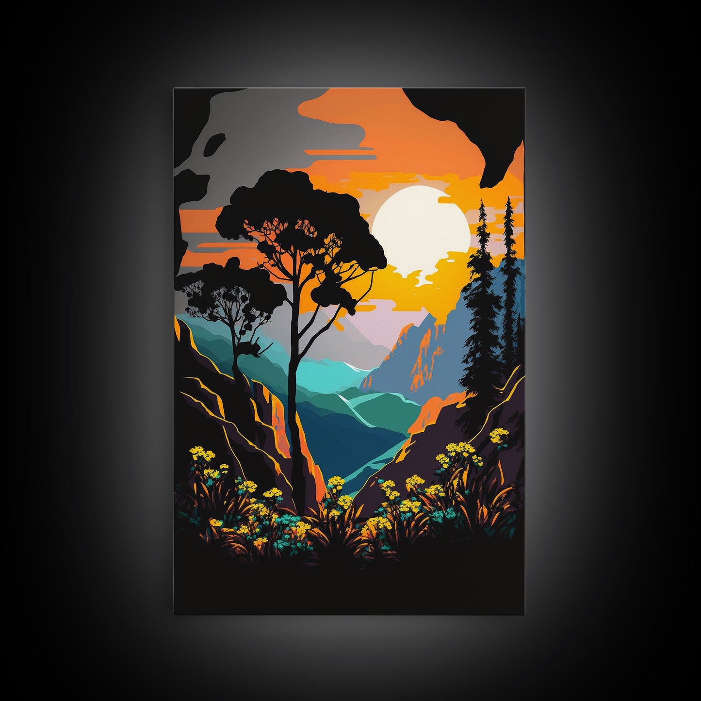Colorful Pop Art Picture of a Mountain and Forest Landscape, Framed Canvas Print, Surrealist High Contrast Cel Shaded Landscape Art
