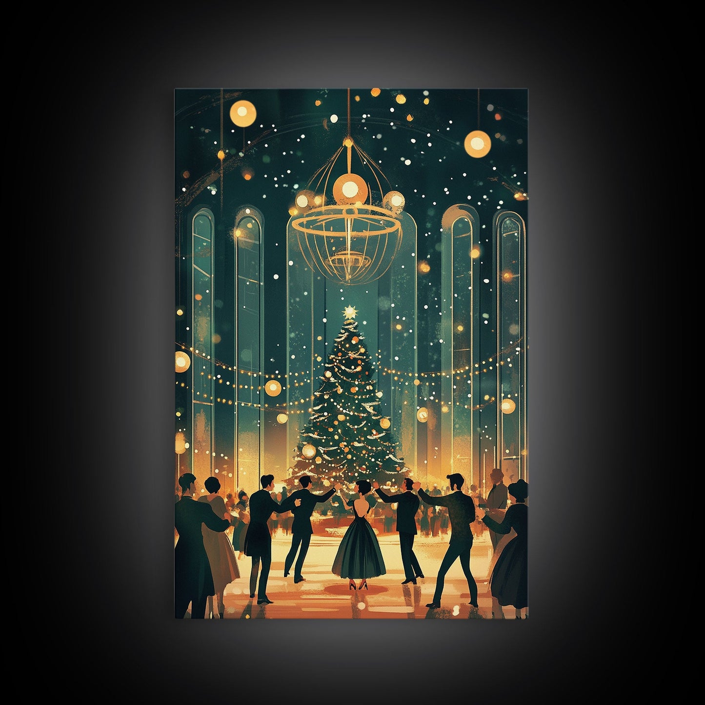 Elegant Ballroom Christmas Dance Scene with Holiday Lights and Decorations, Perfect Holiday Decor for Winter Wonderland, Framed Canvas Print