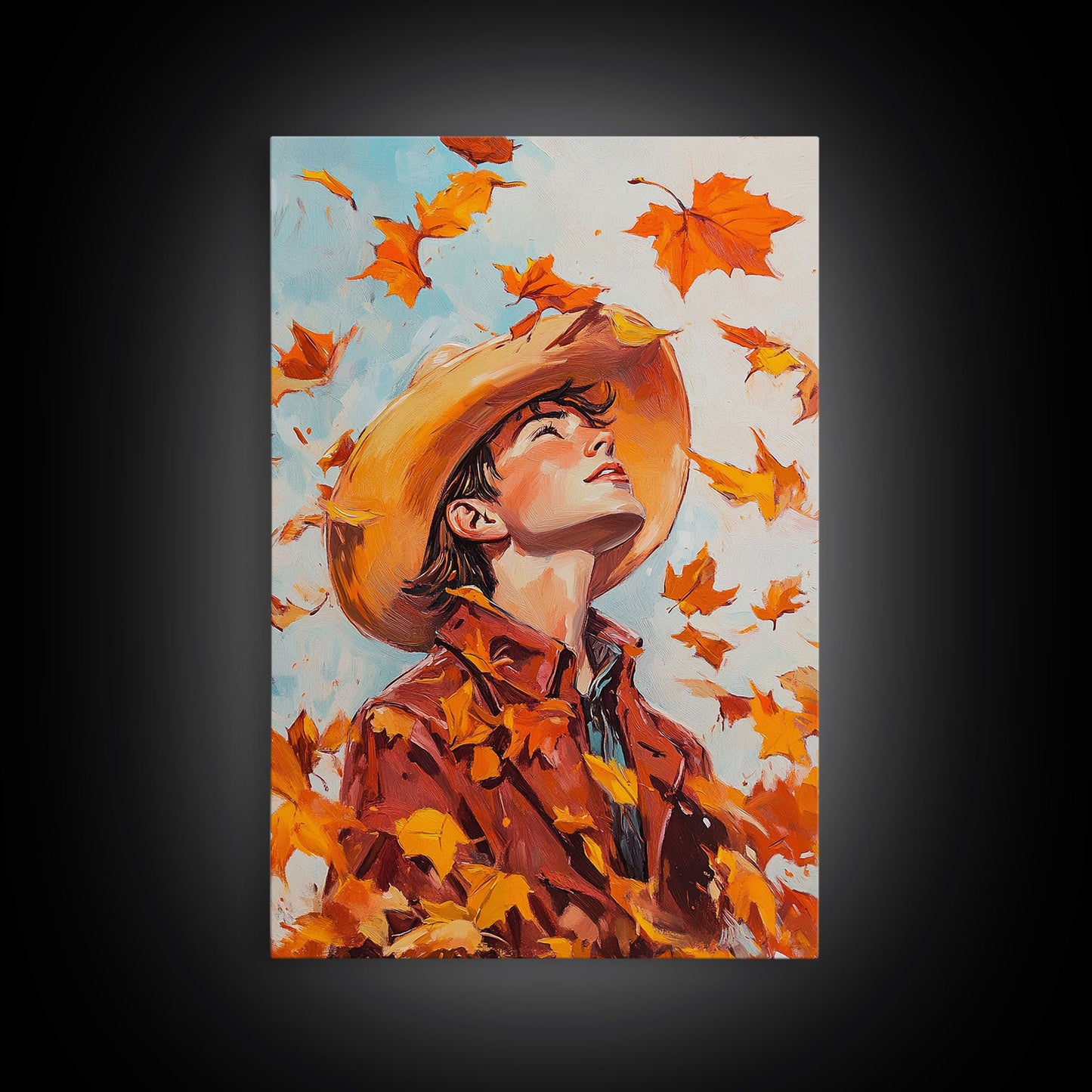 Cowboy Fall Decor Canvas Print with Windblown Leaves, Rustic Farmhouse Autumn Holiday Wall Art Seasonal Gift Idea 2024