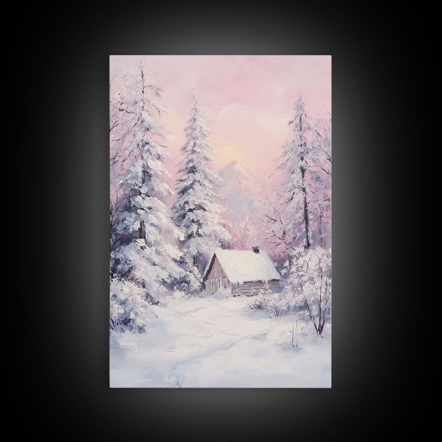 Pink Snowy Cabin Landscape Framed Canvas Print Wall Art Winter Wonderland Decor, Christmas Art Gift, Rustic Winter Scene Art