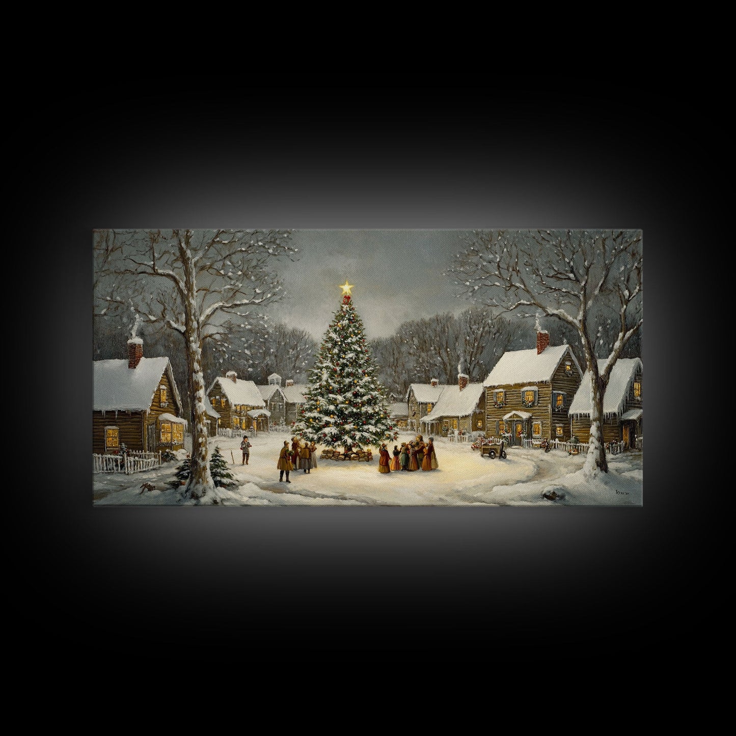 Large Christmas Tree In Snowy Village With Families, Winter Wonderland Holiday Wall Art, Framed Canvas Print, Rustic Christmas Decor