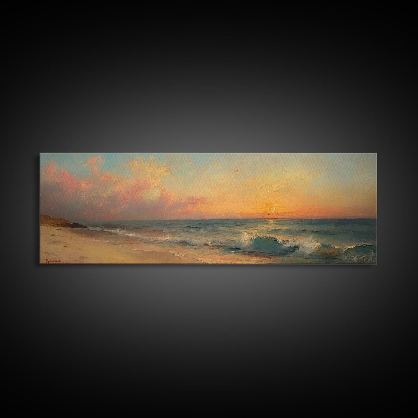 Ocean Waves Crash Into a Hidden Beach at Sunset, Framed Canvas Print, Panoramic Boho Seascape Painting