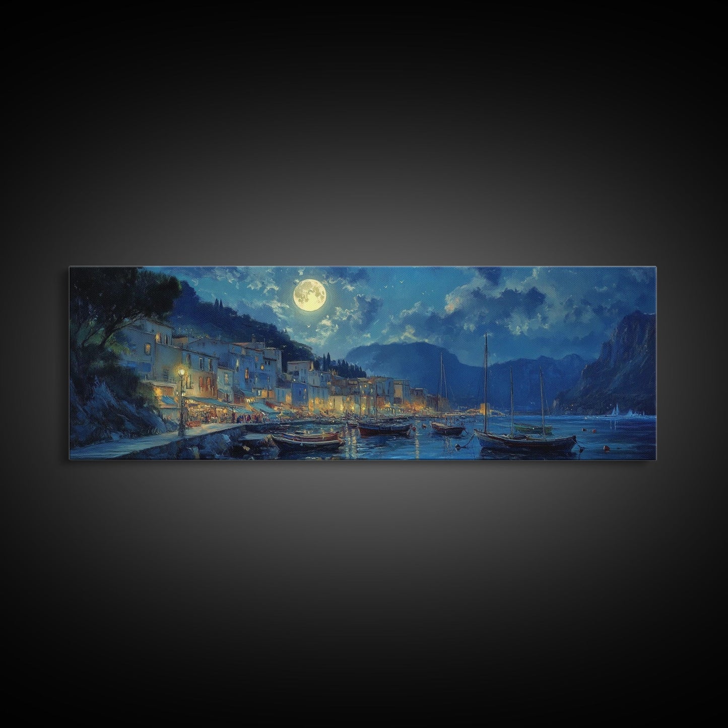 Midnight in Portofino - Full Moon - Italian Oil Painting Canvas Print - Whimsical / Eclectic Landscape Painting - Minimalist Boho Home Decor