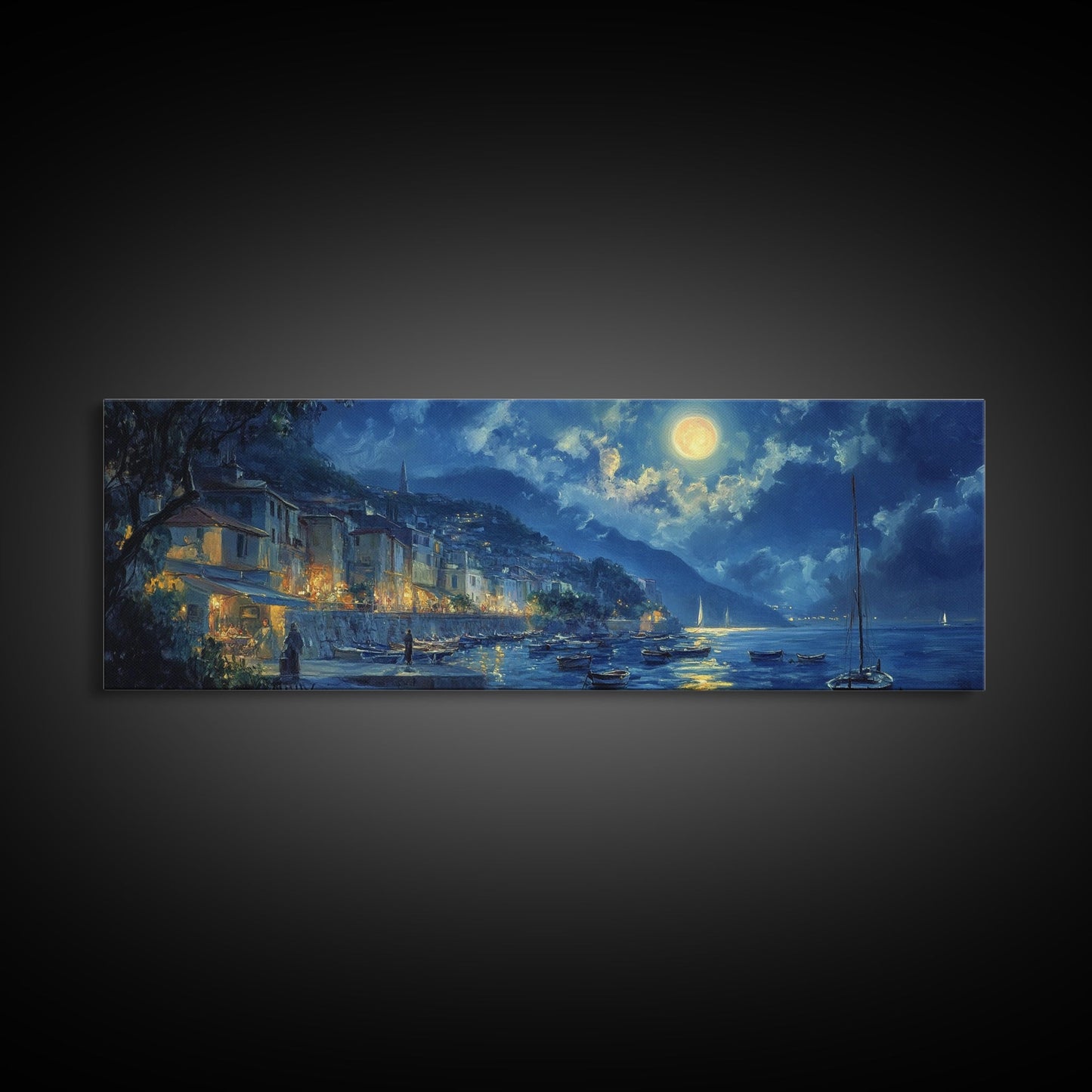 Italian Fishing Village at Midnight Under a Full Moon, Framed Canvas Print, Panoramic Wall Art, Eclectic Boho Home Decor, Wide Oversized Wall Art
