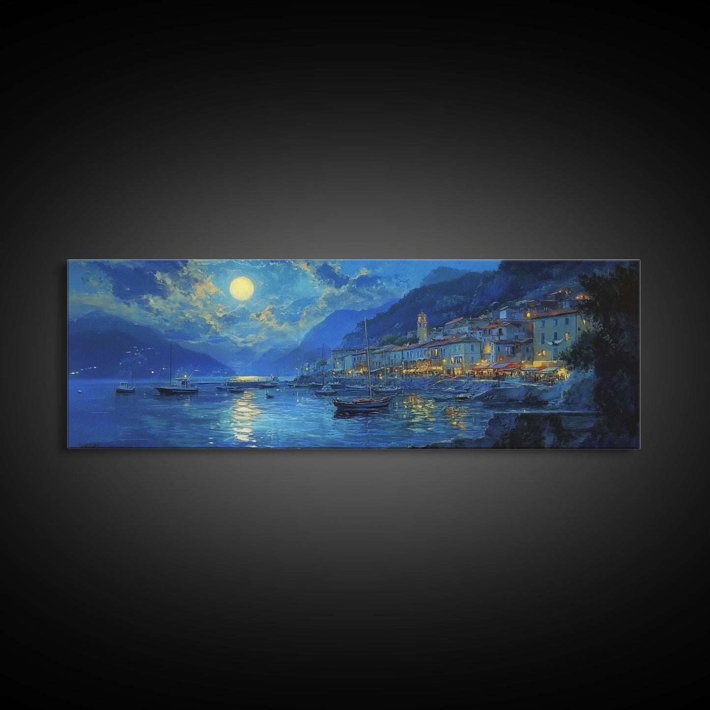 Midnight in Italy - Full Moon - Italian Oil Painting Canvas Print - Whimsical / Eclectic Landscape Painting - Minimalist Boho Home Decor