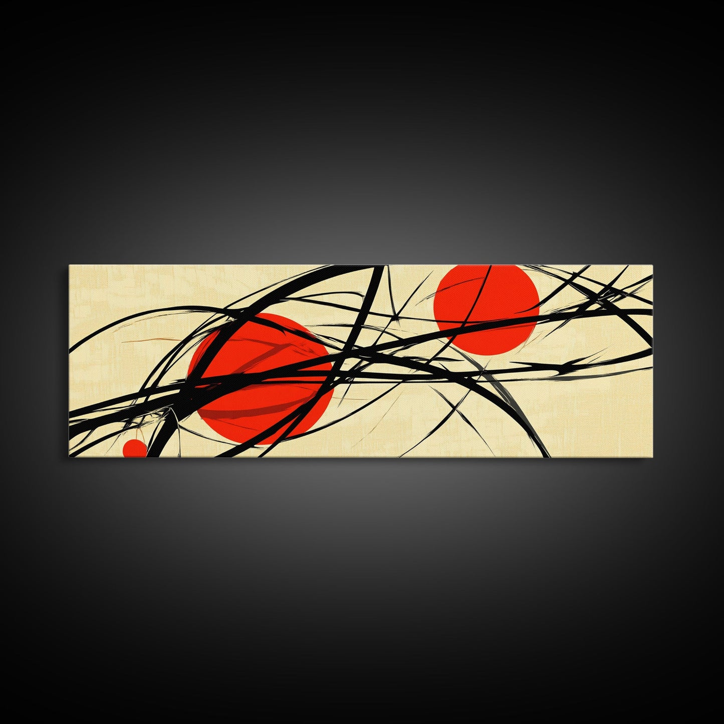 Sun Streaks - 3 Red Suns with Black Streams, Framed Canvas Print, MCM Style Geometric Abstract Wall Art