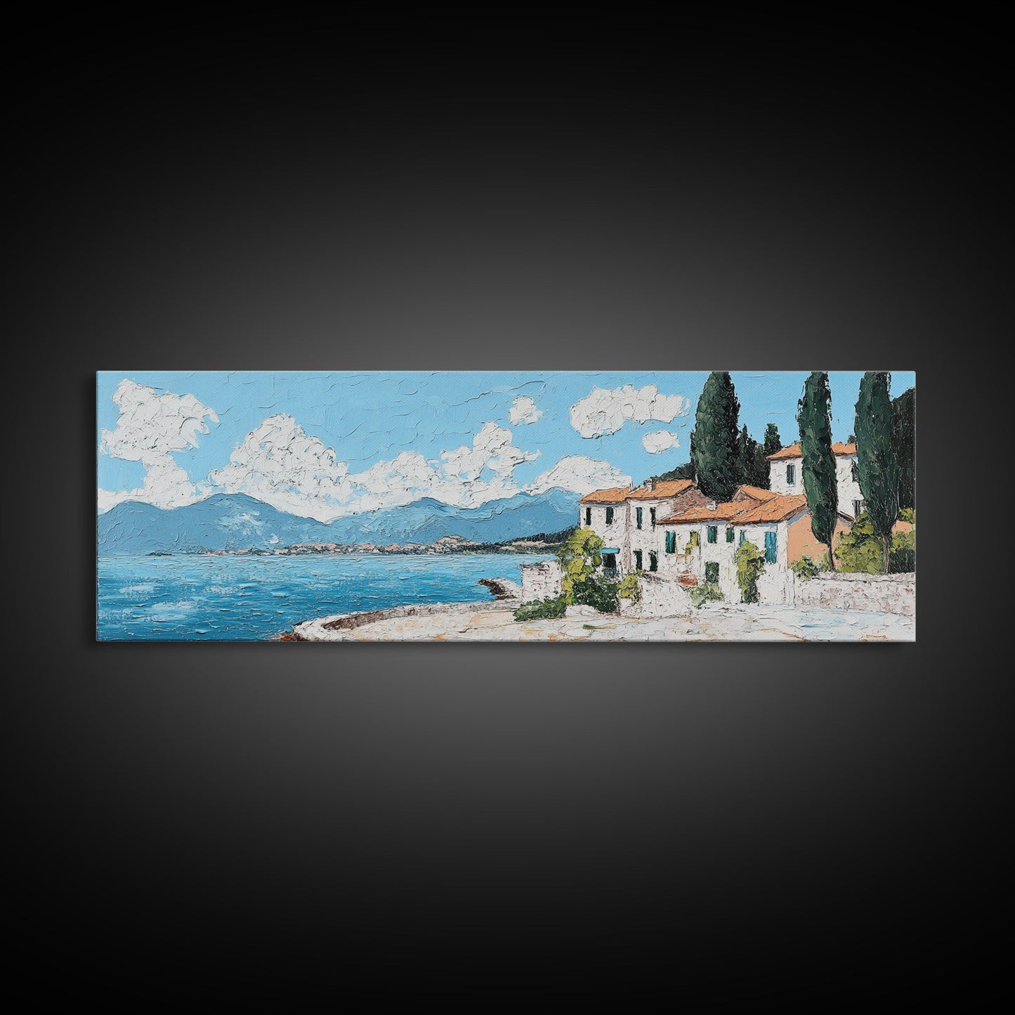 Impressionist Painting of an Italian Seaside Villa, Framed Canvas Print, Italy Village Decor, Ulta Wide Panoramic Landscape Painting