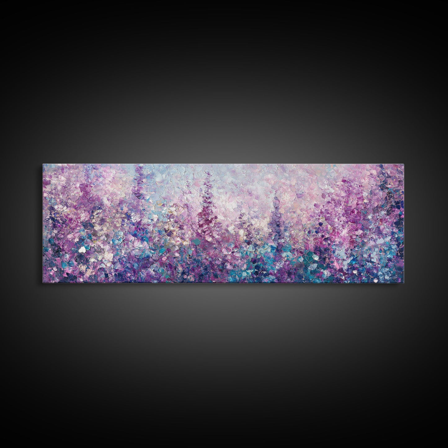 Purple Flower Painting, Lavender and Lilacs, Framed Canvas Print, Boho Style Panoramic Painting Wall Art, Purple and Blue Flowers