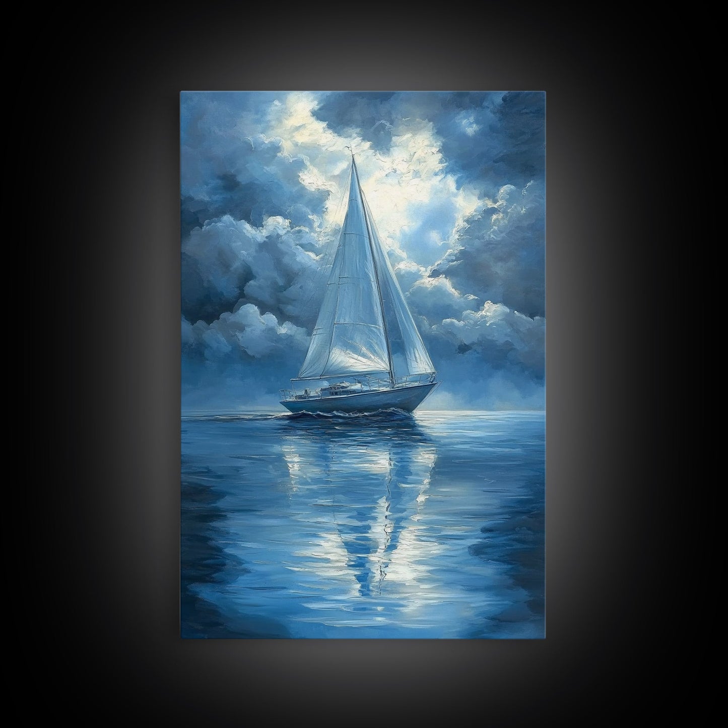 Reflections of a Sail Boat under a Full Moon Framed Canvas Print, Nautical Decor, Sail Boat Oil painting, Sailboat Painting, Nautical Home Decor