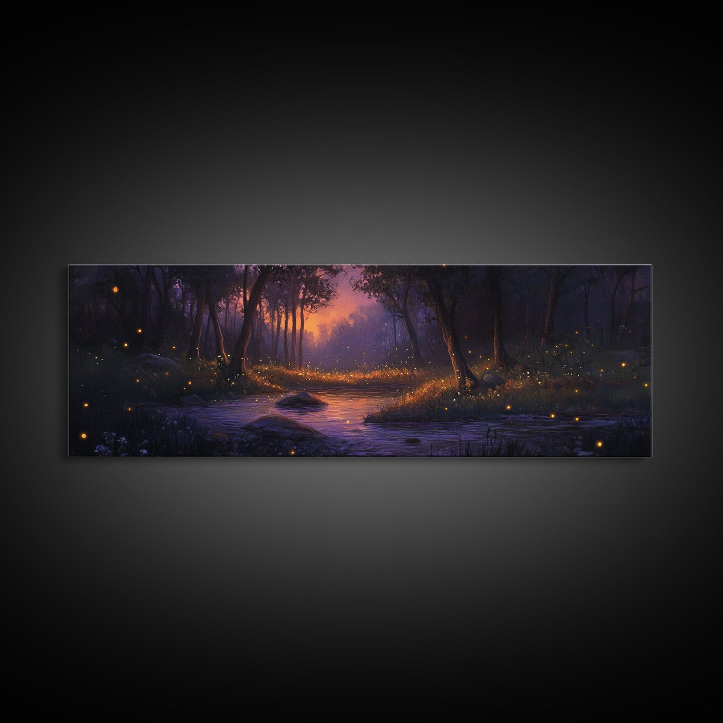 Panoramic Fantasy Forest Canvas Print, Fireflies Light Up The Night Sky in A Fantasy Forest, Fantasy Painting