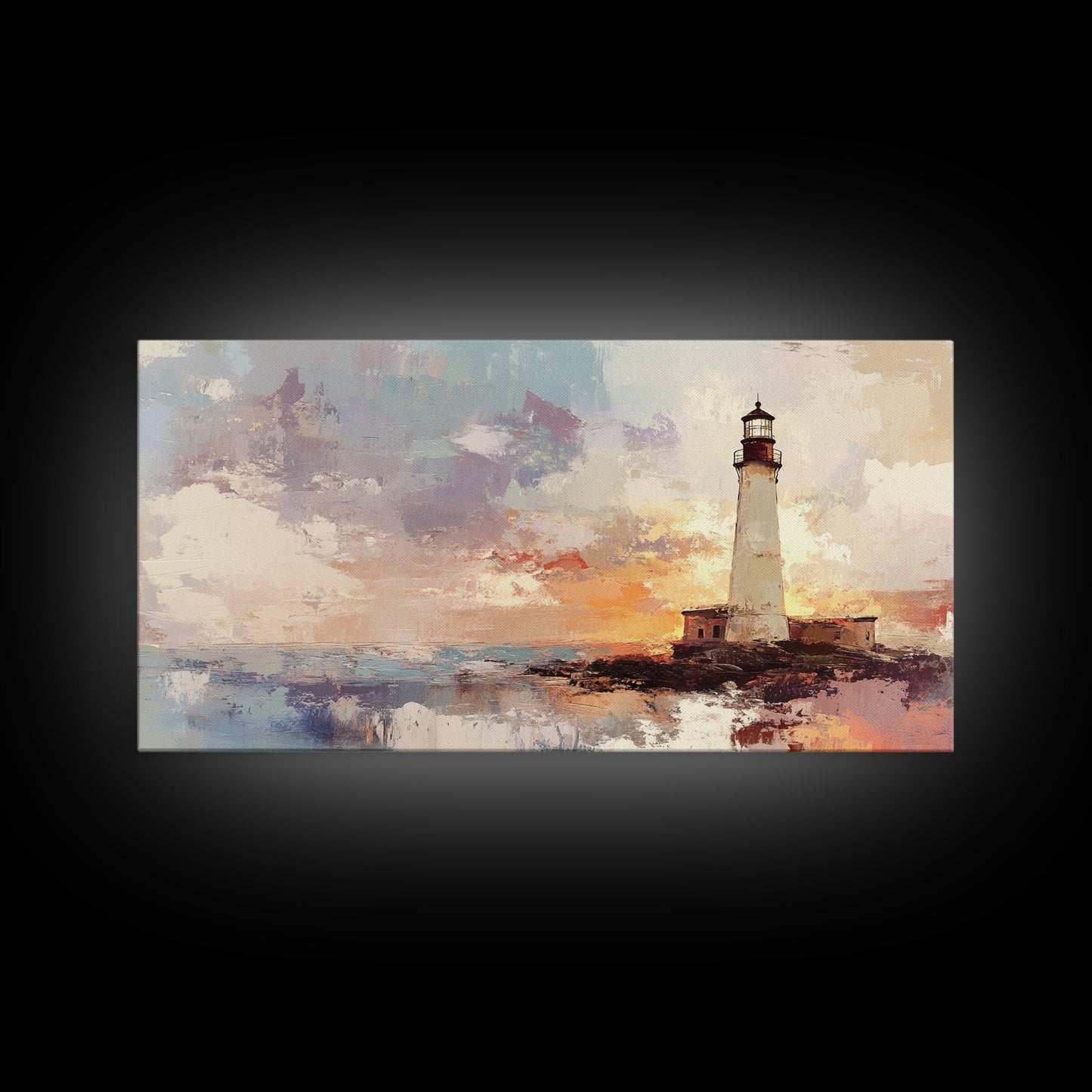 Abstract Oil Painting Print of a Light House, Framed Canvas Print, Nautical Themed Home Decor, Seascapes Painting
