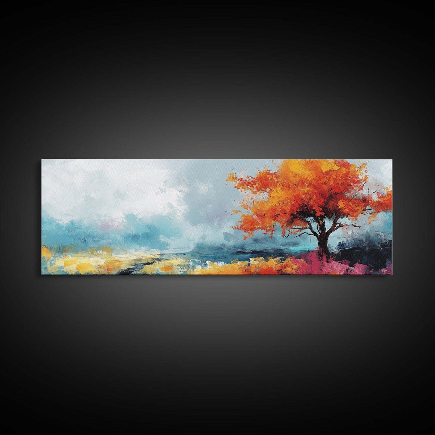 Autumn Tree Breeze Framed Canvas Print Vibrant Fall Foliage Painting Impressionist Seasonal Wall Art Warm Colors Living Room Decor
