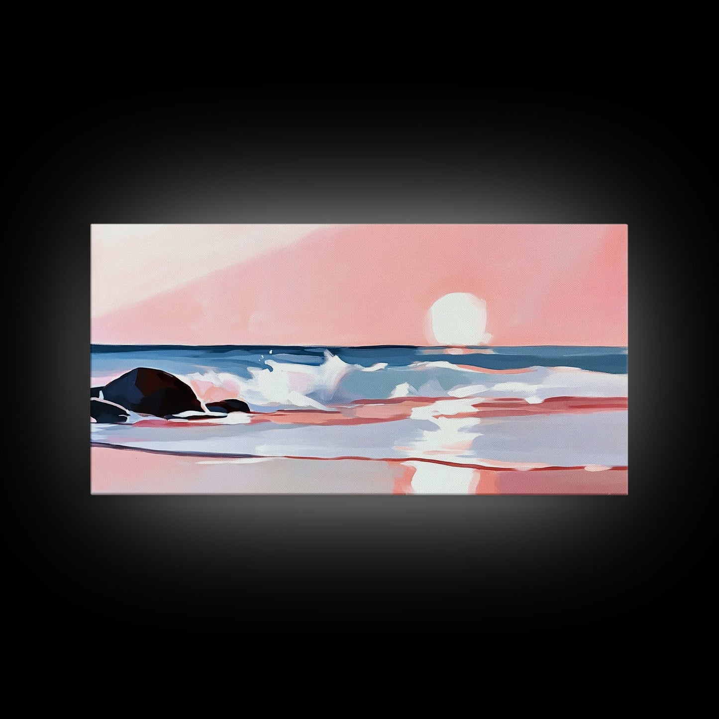 Sunset Beach, Ocean Waves, Framed Canvas Print, Coastal Wall Art, Pink Sky Painting, Living Room Decor, Tropical Seascape